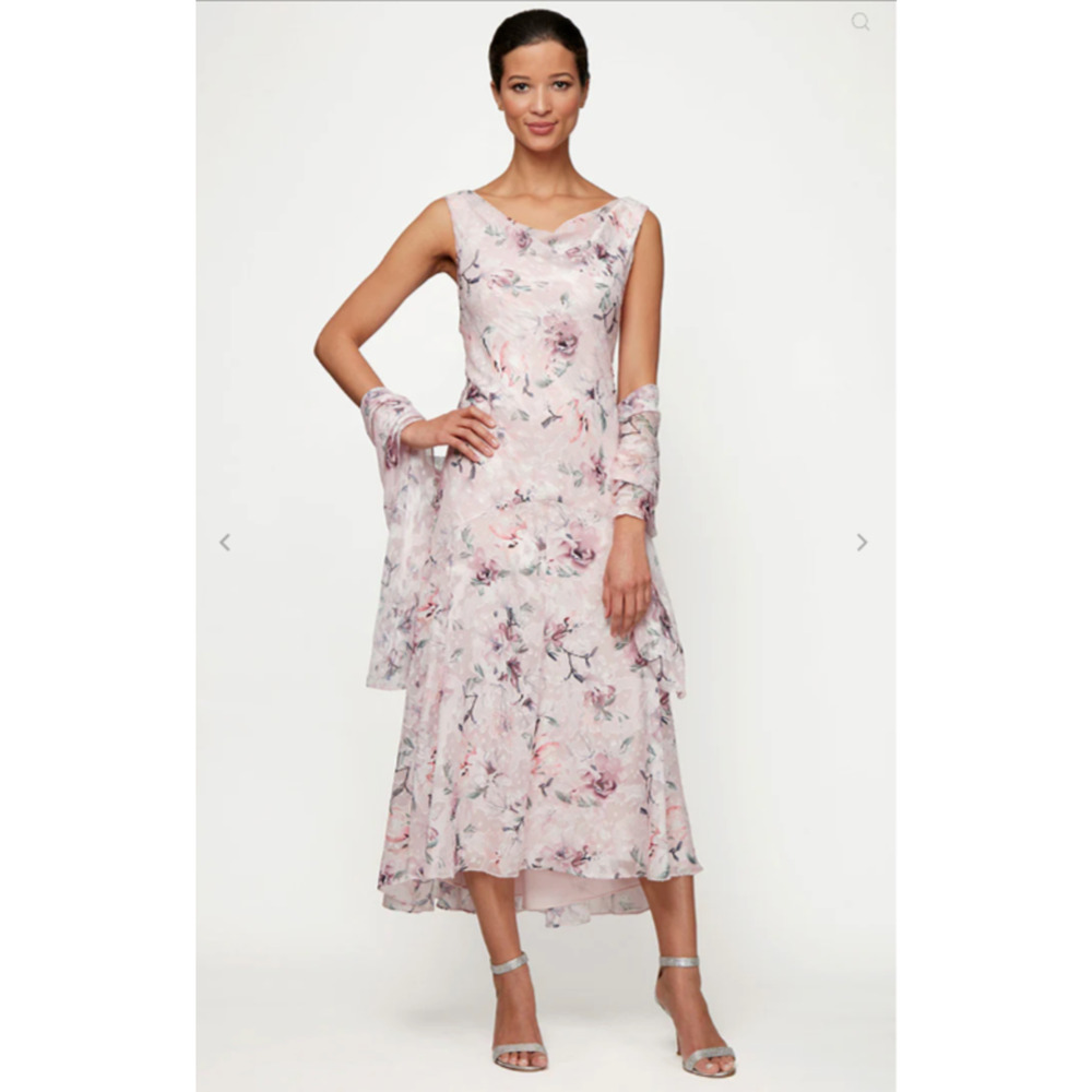 Alex Evenings Fairy Ruffle Floral Dress Coquette Maxi 8 Sheer Tea Cowl Neck Pink